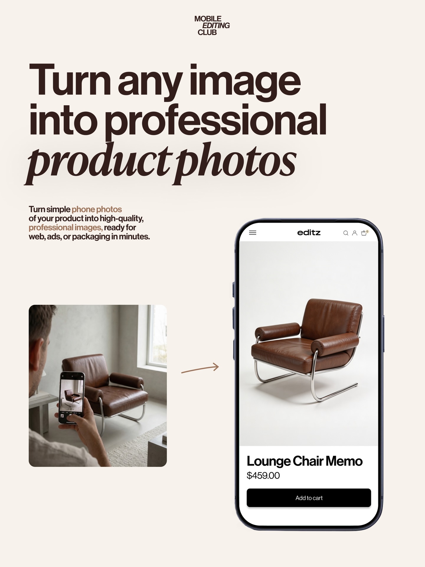 AI Product Photo Generator template preview - mobile product photo transformation cover AI art