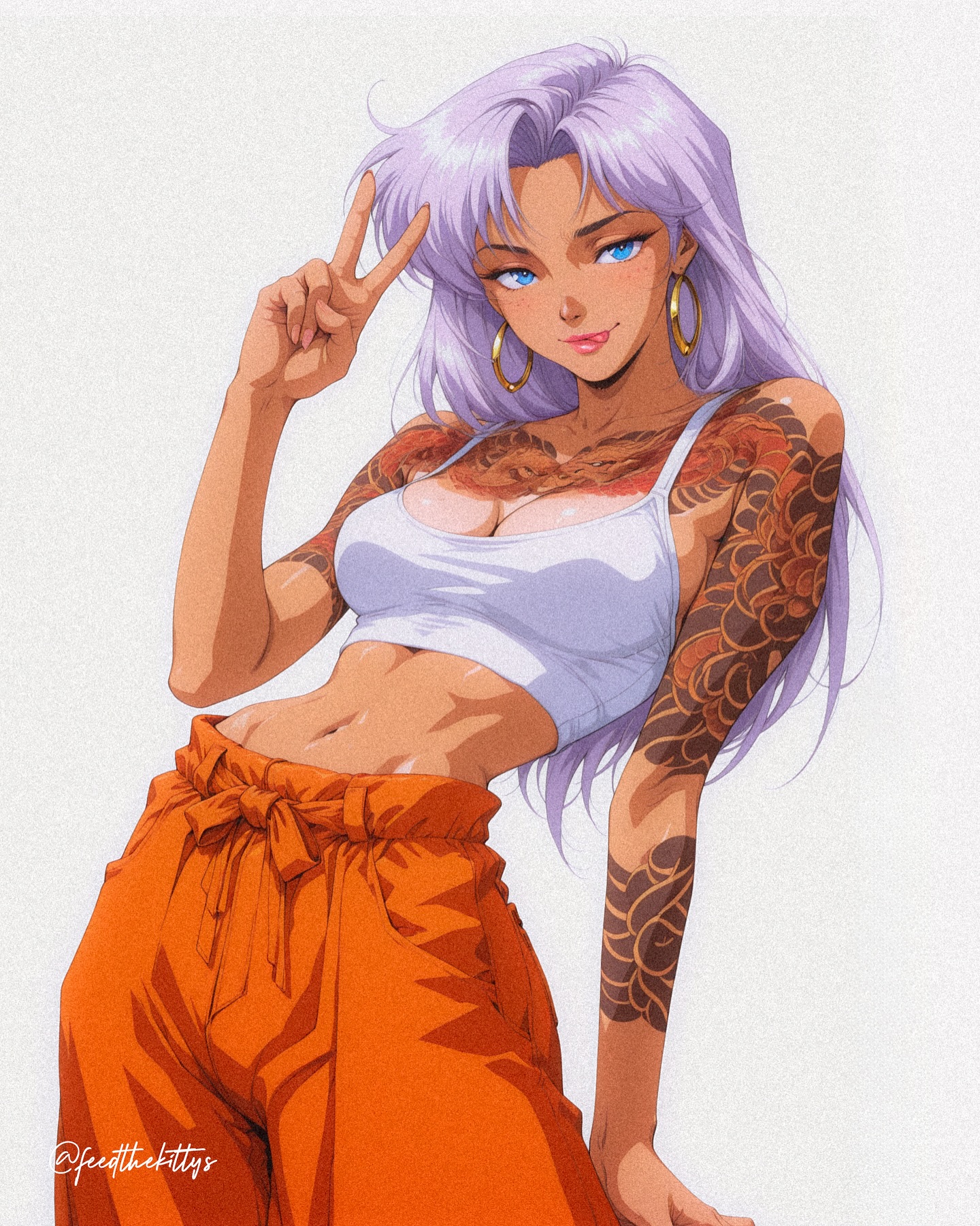 feedthekittys: Silver Hair Tattoo Retro Anime Fashion Portrait AI Art