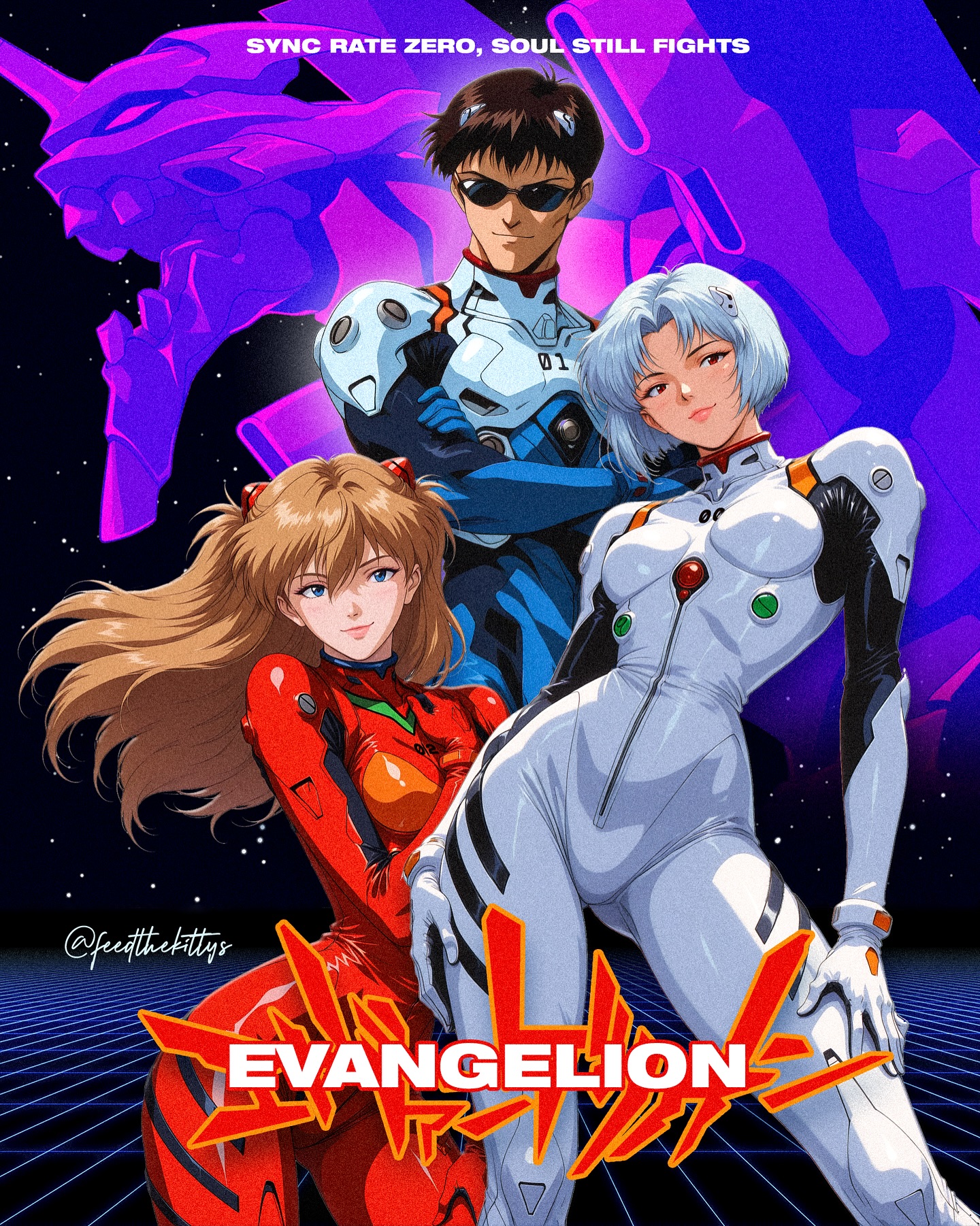 AI Anime Generator template preview - aged up Evangelion trio retro anime poster AI art