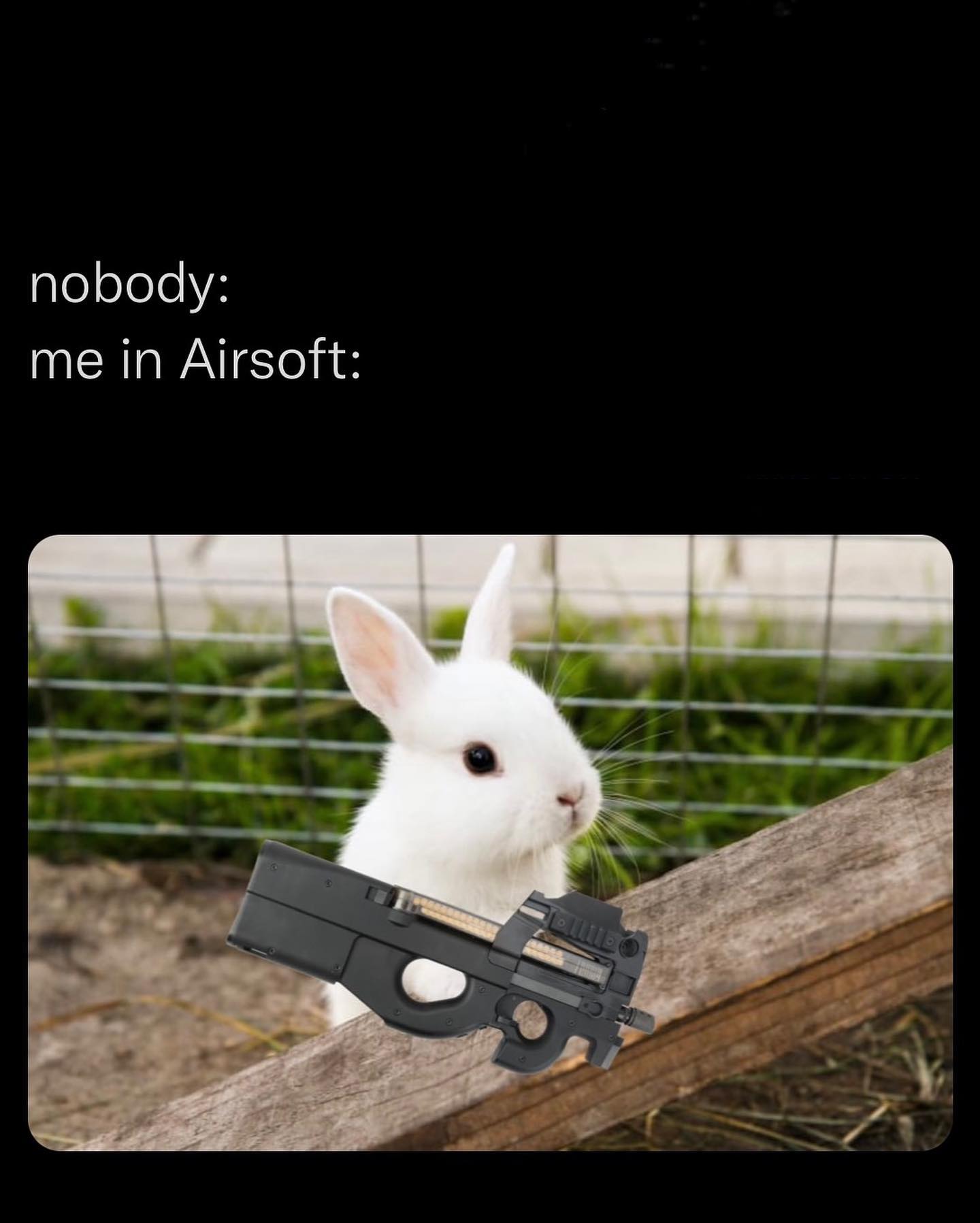 nataliafadeev: Airsoft Bunny P90 Meme AI Image