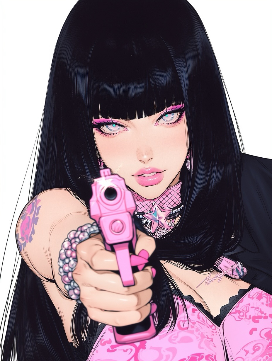 Jenn🌸: Pink Y2K Gun Glam Anime Portrait Black Hair Photo