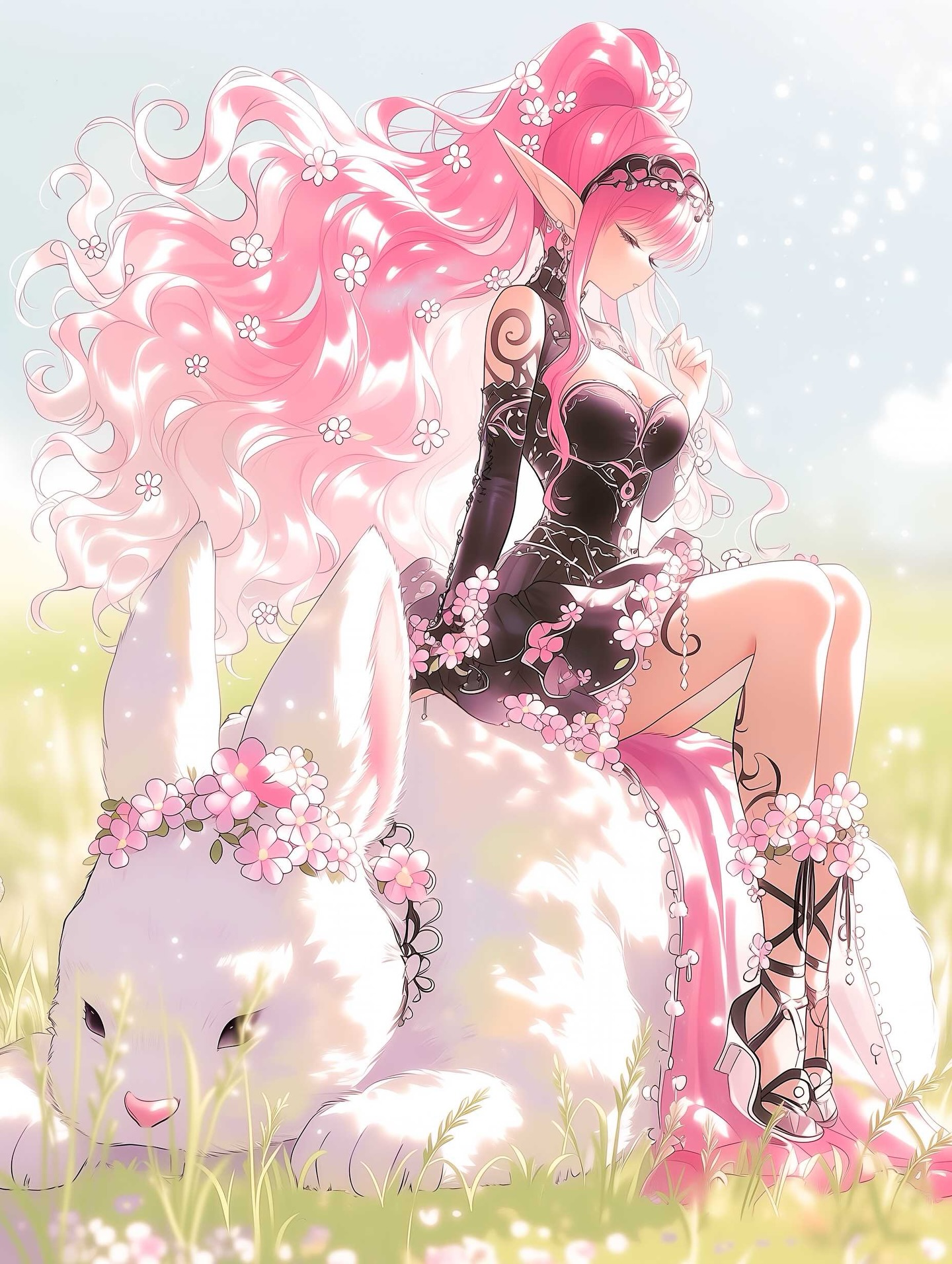 Jenn🌸: Pink Elf Riding Giant White Bunny Anime Fantasy Scene